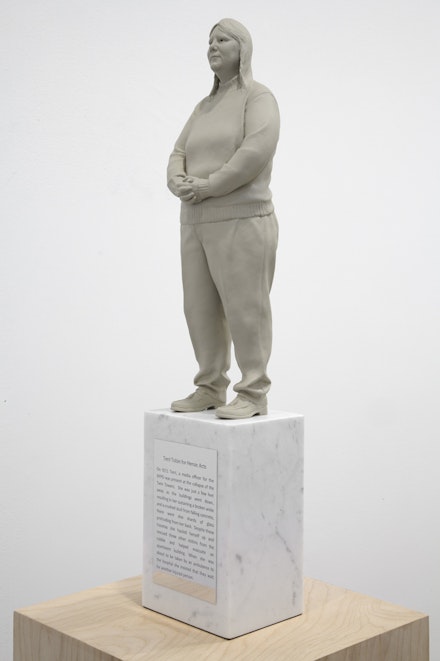 Gillian Wearing, “Terri,” 2011. Painted bronze and marble on plywood plinth. Artwork: 19 5/8 x 4 1/4 x 3 3/8”; plinth: 45 1/4 x 9 7/8 x 9 7/8”. © the artist, courtesy Maureen Paley, London.