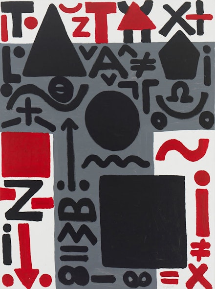A.R. Penck, “Dreigeteiltes Problem (Tripartite Problem),” 2011. Acrylic on canvas. 63 x 78 ¾”. Courtesy Michael Werner Gallery, New York.