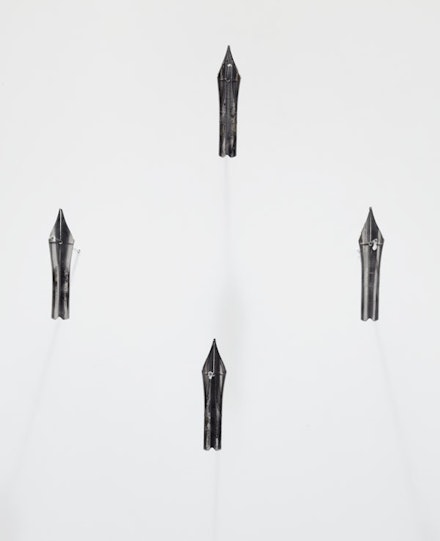 Danh Vo, “A Group of 4 Presidential Signing Pens,” 2013. Metal, ink, 1 ¼ x ¼ x 1/16”/ea. Courtesy of the artist and Marian Goodman Gallery, New York.