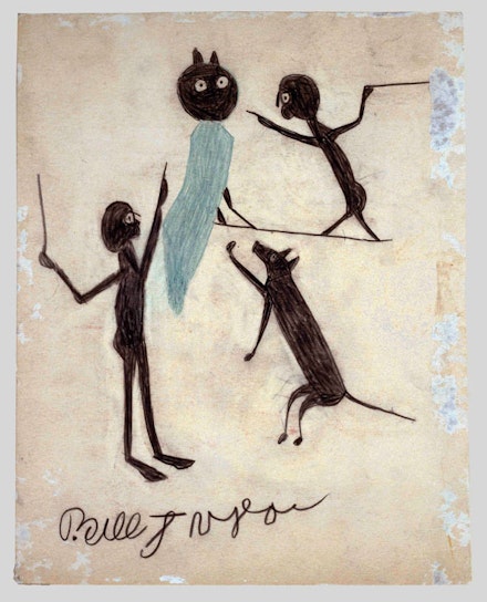 Bill Traylor, “Untitled (Two Men, Dog, and Owl),” 1939–1942, Montgomery. Colored pencil and charcoal on cardboard 13 3/4 x 10 7/8