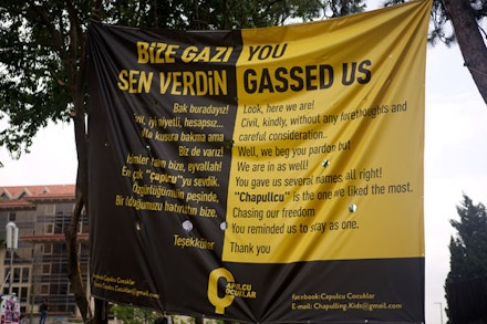 <p>A Gezi Park protest banner addressing Erdogan: “You gassed us.” Courtesy Gregg Carlstrom.</p>
