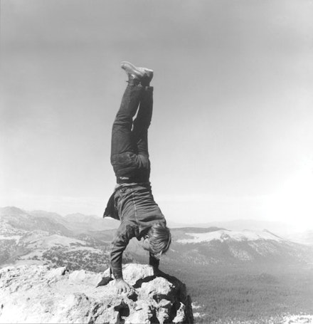Robert Kinmont, “8 Natural Handstands,” 1969/2009 (detail). Nine black-and-white photographs; courtesy of Alexander and Bonin, New York. Photo: Bill Orcutt.