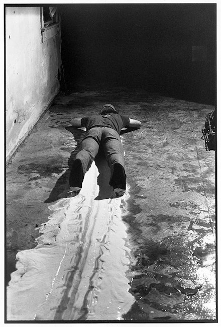 Paul McCarthy, “Face Painting Floor, White Line,” 1872, from <i>Black and White Tapes</i>, 1970-75. Video: black and white; sound; 32.50 min.