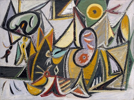 Arshile Gorky, “Enigmatic Combat,” 1936-1937. Oil on canvas, 35 3/4 x 48”. Collection SFMOMA, Gift of Jeanne Reynal; © The Arshile Gorky Foundation / Artists Rights Society (ARS), New York.