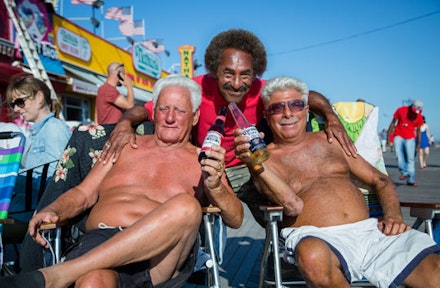 Johnny Corona, Harry D., and Frankie Oil bring their beach chairs to sit outside Ruby's Bar in Coney Island, and have been known to drink out there with snow on their heads. 