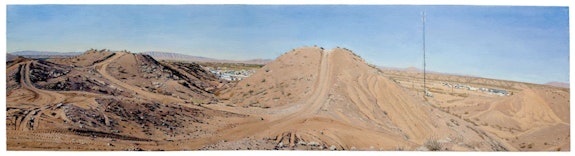 Rackstraw Downes, “Presidio: In the Sand Hills Looking West with ATV Tracks & Cell Tower,” 2012. Oil on canvas, 161/2 × 64 ̋. Courtesy of the artist and Betty Cuningham Gallery, New York.
