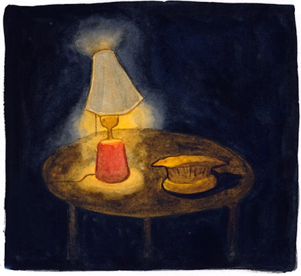 “...a table with a lamp and an afghan hat.” Illustration by Megan Piontkowski.