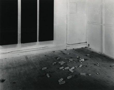 Carl Andre, Scatter Piece, New York, 1966. 33 ball bearings, 13 pulley discs, 9 pieces aluminum channel, 15 Plexiglas rectangular solids, 7 aluminum ingots, site-specific, dimensions vary. © Carl Andre / Licensed by VAGA, New York. Courtesy Paula Cooper Gallery, New York.