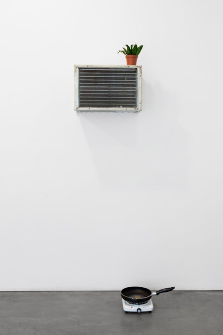Mika Rottenberg, “Tsss Tsss Tsss,” 2014. Air conditioner, plant, hotplate, frying pan, water. Dimensions variable. Courtesy of Andrea Rosen Gallery.
