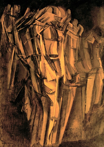 Marcel Duchamp, “Sad Young Man on a Train,” 1911 – 1912. Oil on canvas, 100 x 73 cm. Venice, Peggy Guggenheim Collection © 2014. Photo Art Media/Heritage Images/Scala, Florence © Estate of Marcel Duchamp / ADAGP, Paris 2014.