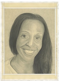 Portrait of Sarah Lewis. Pencil on paper by Phong Bui. Inspired by a photograph by Zack Garlitos.