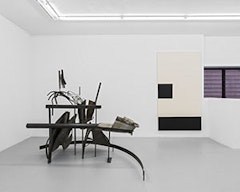Jo Nigoghossian, <i>Levels</i> (2014), steel and rubber crawler (clear); and Augustus Thompson, <i>Shared Memory Scenario IV</i> (2014), india ink and pencil on canvas. Images courtesy of the artists and ROOM EAST.