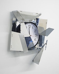Sean Raspet, <i>Inflection</i> (2009-10), Plexiglas with 2-way reflective coasting, mirrored Plexiglas, stainless steel hardware and wall clock. Image courtesy of the artist and ROOM East.
