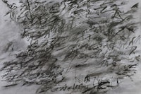 Julie Mehretu. “Heavier than air (written form)” (2014). Ink and acrylic on canvas. 48×72 ̋. Courtesy of the artist, Marian Goodman Gallery, and carlier | gebauer, Berlin. Copyright Julie Mehretu. Photo: Tom Powel.