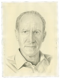 Portrait of Glenn Lowry. Pencil on paper by Phong Bui. From a photo by Zack Garlitos.