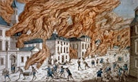 The print shows several building engulfed in flames during a fire on September 19, 1776, citizen being beaten by Redcoats, and looting by African slaves. Created by Chez Basset in approximately 1778. Courtesy of The Library of Congress.