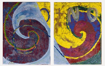 Gaby Collins-Fernandez, <em>Red Velvet NO + NO Painting</em>, 2015. Oil and acrylic paint on fabric. Two 21 × 16 inch panels. Courtesy the artist.