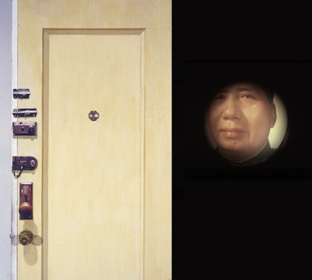 Zhang Hongtu, <i>Front Door</i>, 1995. Mixed media installation with audiotape, 84 x 32 inches. Courtesy the Queens Museum.
