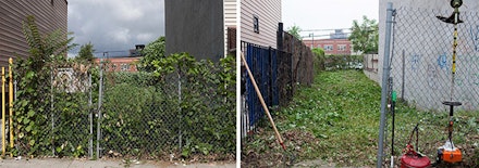 Ellie Irons, Feral Landscape Typologies of Bushwick: 1277 Dekalb Avenue (Urban Meadow, Before and After), 2015. Digital photograph. Photo: Ellie Irons.