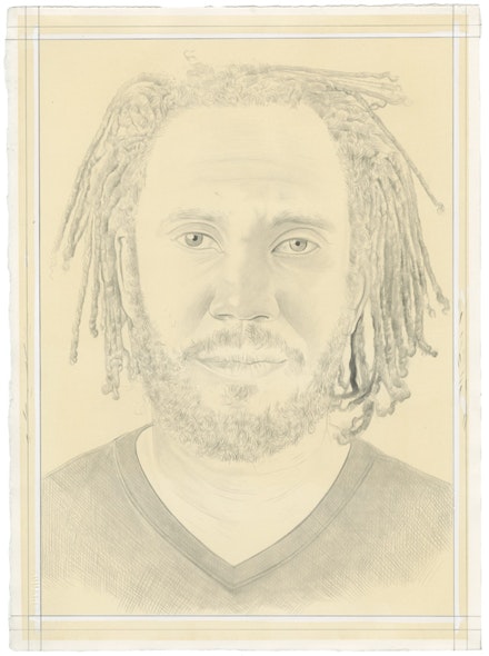 Portrait of Rashid Johnson by Phong Bui. Pencil on paper. From a photo by Taylor Dafoe.