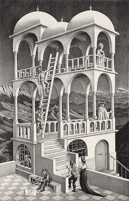 M. C. Escher, <em>Belvedere</em>, 1958. Lithograph, 18 1/4 x 11 5/8 inches. National Gallery of Art, Washington, Rosenwald Collection, 1964, © 2015 The M. C. Escher Company, The Netherlands. All rights reserved. 