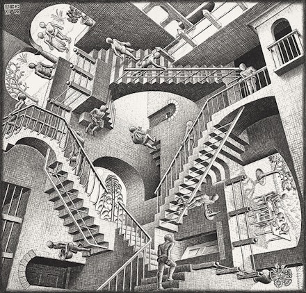 M. C. Escher, <em>Relativity</em>, 1953. Lithograph, 10 7/8 x 11 1/2 inches. Private collection, Texas, © 2015 The M. C. Escher Company, The Netherlands. All rights reserved.