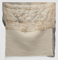 Martha Tuttle, <em>Clear Sound (2)</em>, 2015. Wool, steel, rust, silk, indigo, woad, clay, iron, and paper, 22 × 20 inches. Courtesy Tilton Gallery.