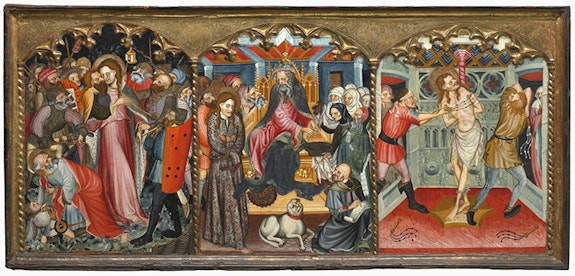 Nicolás Solana, <em>The Arrest of Christ, Christ before Pilate and The Flagellation</em> (c. 1420 – 1430). Oil on softwood panel with original applied and gilded frame. 31 1/2 × 68 1/3 inches. including frame.
