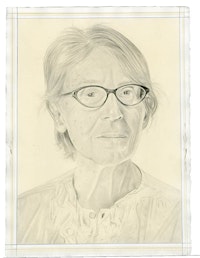 Portrait of Marcia Hafif. Pencil on paper by Phong Bui. From a photo by Taylor Dafoe.