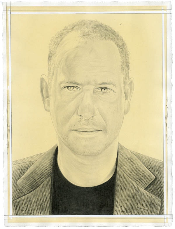 Portrait of Luc Tuymans. Pencil on paper by Phong Bui. From a photo by Scott Rudd.