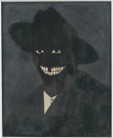 Kerry James Marshall, <em>A Portrait of the Artist as a Shadow of His Former Self</em>, 1980. Egg tempera on paper. 8 × 6 1/2 inches. Collection of Steven and Deborah Lebowitz. © Kerry James Marshall. Photo: Matthew Fried, © MCA Chicago. 