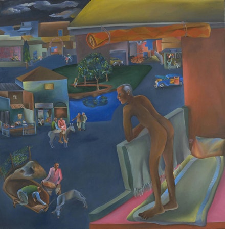 Bhupen Khakhar, <em>You Can’t Please All</em>. 1981. Oil paint on canvas. 69 × 69 inches. Courtesy Tate London. © Estate of Bhupen Khakhar.