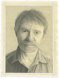 Portrait of Allan McCollum. Pencil on paper by Phong Bui.