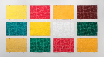 Allan McCollum, <i>Untitled Paper Constructions</i>, 1975. Acrylic paint, watercolor, colored pencil on paper, 12 parts. 16 × 24 inches each. Courtesy the artist and Petzel Gallery, New York. 