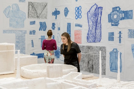 Installation view: <em>New Rubbing and Psychological Tests</em>, 2017. Rubbings (encaustic wax, graphite, and oil on paper), Psychological Tests (plaster and mixed media), and <em>Psychological Tests </em>(four-channel video projection). © Jennifer Bornstein. Photo: John Kennard. Courtesy the artist and Gavin Brown’s enterprise, New York/Rome.