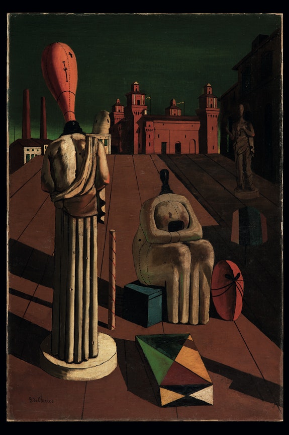 Giorgio de Chirico, <em>Le muse inquietanti</em> (The Disquieting Muses), 1918. Oil on canvas. 38.6 × 12.2 inches. Private Collection. © 2016 Artists Rights Society (ARS), New York / SIAE, Rome.