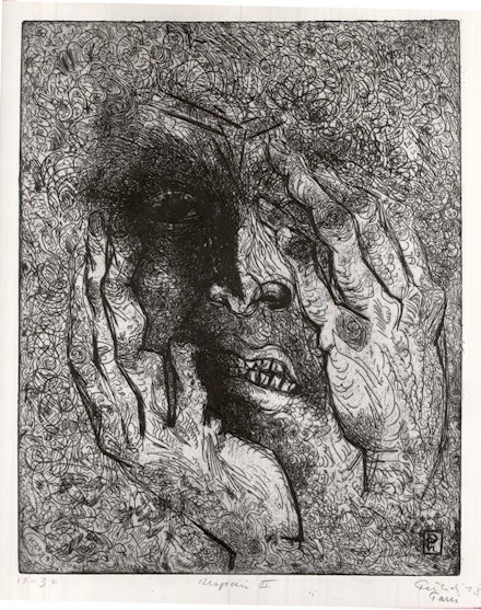 Gabor Peterdi, <em>Despair III</em>, 1938. Etching and engraving on paper. 12 7/16 x 9 13/16 inches. Brooklyn Museum, Gift of Martin Segal. Photo: Brooklyn Museum.