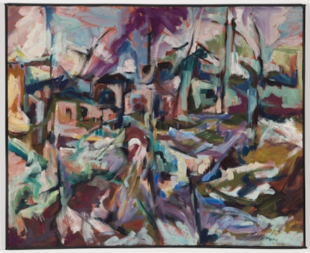 Carolee Schneemann, <em>Mill Forms—Eagle Square</em>, 1958. Oil on canvas. 36 × 44 inches. Courtesy PPOW Gallery, New York.