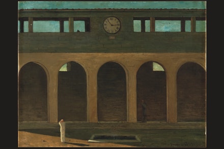 Giorgio de Chirico,<em> L’énigme de l’heure</em> (The Enigma of the Hour), 1910/11. Oil on canvas, 21 1/2 x 28 inches. Private Collection. © 2016 Artists Rights Society (ARS), New York / SIAE, Rome.
