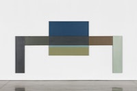 David Novros, <em>Untitled (Frog Altar)</em>, 1976. Oil on linen. 1 panel @ 31 1/2 × 64 1/2 × 2 inches; 1 panel @ 23 7/8 × 64 1/2 × 2 inches; 2 panels @ 15 × 39 1/2 × 2 inches; 2 panels @ 60 x 15 x 2 inches. Overall: 84 × 168 × 2 inches. Signed and dated on verso of some panels: “D.N. 76” DN-7-PTG. © 2017 David Novros / Artists Rights Society (ARS), New York. Courtesy Paula Cooper Gallery, New York.