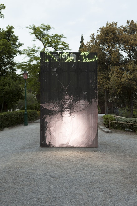 Exhibition view of <em>All the World's Futures</em> at the 56<sup>th</sup> Venice Biennale, 2015. Philippe Parreno, <em>With a Rhythmic Instinction to be Able to Travel Beyond Existing Forces of Life (Green + White)</em>, 2014. Outdoor LED Display, 400 centimeters x 240 centimeters. © Philippe Parreno. Courtesy of Pilar Corrias, London. Photo be Andrea Rossetti.