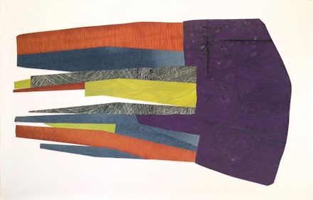 Nanette Carter, <em>With Grace and Aplomb</em>, oil on mylar and jean fabric, 30x43 inches. Courtesy of the artist and Skoto Gallery, New York.