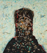Jack Whitten, <em>Black Monolith, II: Homage To Ralph Ellison The Invisible Man</em>, 1994. Acrylic and mixed media on canvas: molasses, copper, salt, coal ash, chocolate, onion, herbs, rust, eggshell, razor blade, 58 x 52 inches. © Jack Whitten. Courtesy the artist and Hauser & Wirth, NY.
