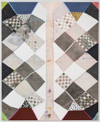 Laurel Sparks, <em>Middle Pillar,</em> 2018. Poured gesso, acrylic, ink, crayon, paper mache, ash, glitter, glass, and stone beads, jingle bells, woven canvas strips, braided yarn on canvas. Courtesy Kate Werble.