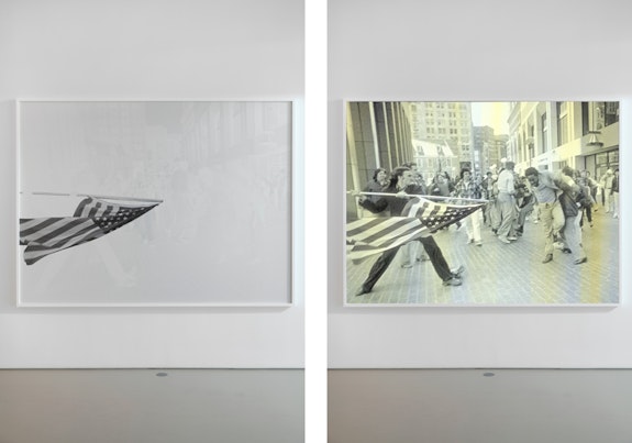 Hank Willis Thomas, <em>All Deliberate Speed</em>, 2018. Screenprint on retroreflective vinyl mounted on Dibond, 72 3/4 x 97 5/8 x 2 inches. Left: no flash; right: flash. © Hank Willis Thomas. Courtesy the artist and Jack Shainman Gallery, New York.