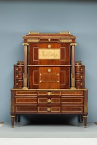 David Roentgen, <em>Medals cabinet</em>, c. 1785. Oak and mahogany with mahogany veneer, gilded bronze, and brass. Carnegie Museum of Art, purchased with funds provided by the Sarah Mellon Scaife Foundation.