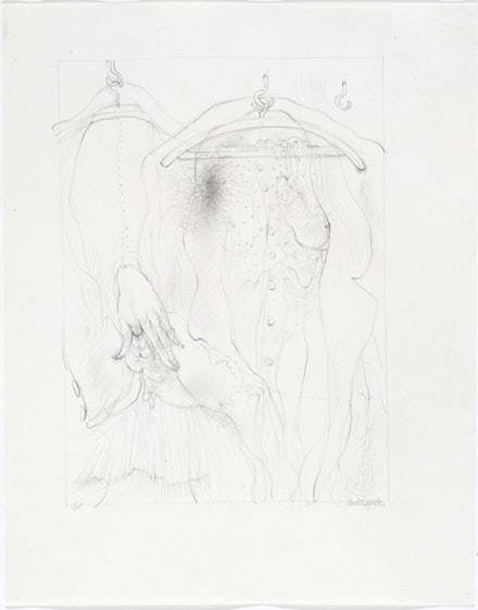 1.
Hans Bellmer, <em>Plus Lourde (pour Á Sade)</em>, 1961. Pencil on paper, 10 5/8 x 8 3/8 inches. Courtesy Ubu Gallery.

