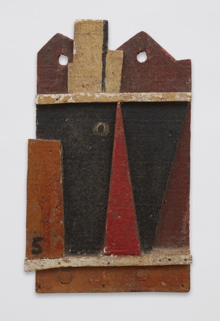 Joaquín Torres-García, <em>Objet plastique (Barco abstracto) [Plastic Object (Abstract Ship)]</em>, 1928. Oil on wood, 15 5/8 x 9 1/2 x 1 1/2 inches. © Alejandra, Aurelio and Claudio Torres, Sucesion J.Torres-García, Montevideo 2017.