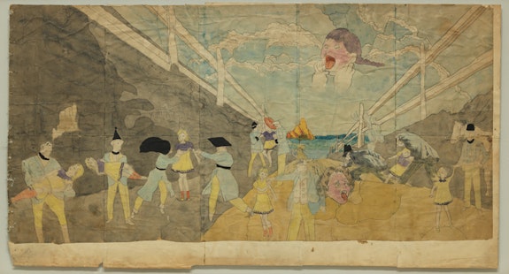 Henry Darger, <em>Untitled (Strangled child in the sky)</em>, n.d. Watercolor and pencil on paper, 23 x 43 1/2 inches. Gift of the artist's estate in honor of Klaus Biesenbach. Digital Image © The Museum of Modern Art/Licensed by SCALA / Art Resource, NY.