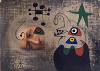 Joan Miró, <em>Personnage dans la nuit</em>, 1944. Oil and gouache on canvas, 6 x 9 inches. © 2018 Successió Miró / Artists Rights Society (ARS), New York / ADAGP, Paris.